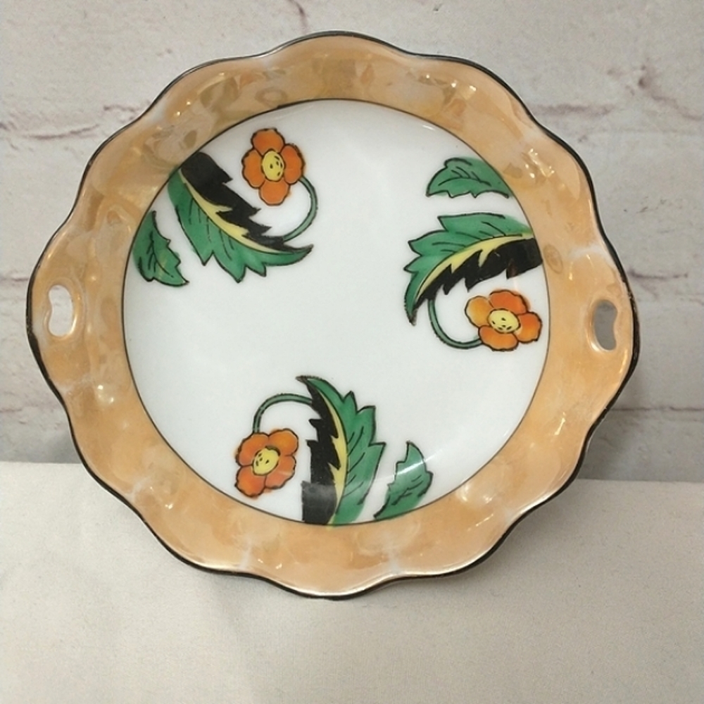 𝅺meito Handpainted Japan Peach Lustre Scalloped Edge Orange Floral Trinket Dish